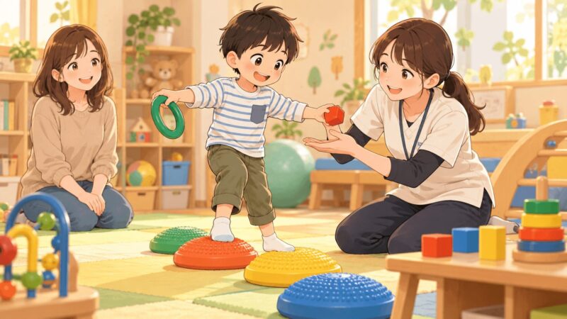 発達クリニック診断後に作業療法士と子どもがバランス遊びや手先の課題に取り組むOTのイラスト