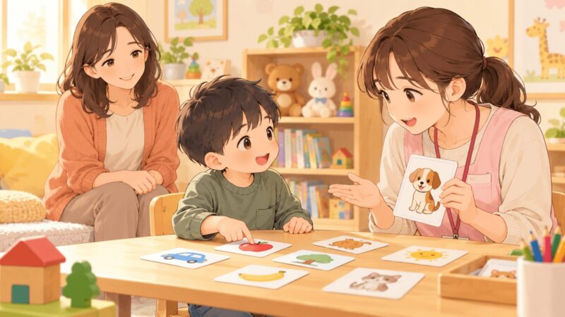発達クリニック診断後に言語聴覚士と子どもが絵カードを使ってST・言語トレーニングをしているイラスト