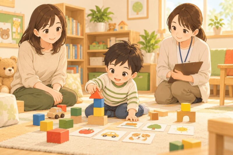発達クリニックの初診で子どもが遊びながら自然に様子を見てもらっているイラスト