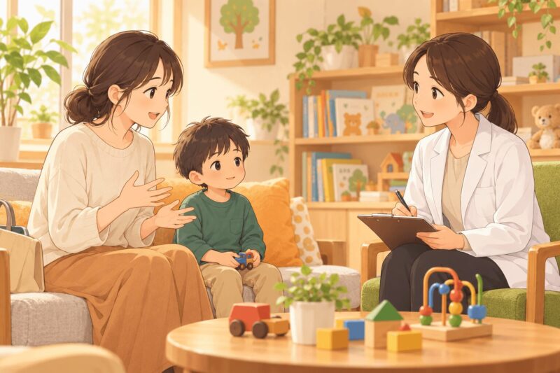 発達クリニックの初診で母親が子どもの困りごとを先生に相談しているイラスト