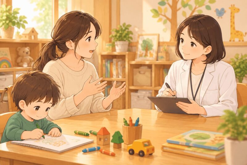 発達クリニックの初診で母親が子どもの困りごとを先生に相談しているイラスト