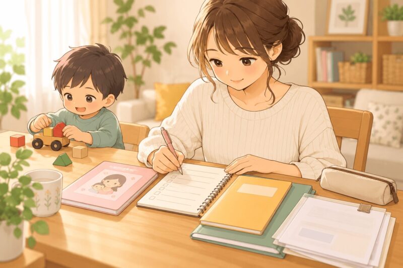 発達クリニック初診前に母子手帳や困りごとのメモを準備している母親のイラスト