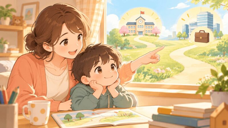 発達クリニックの通院歴と将来の進学・就職について親子で前向きに考えているイラスト