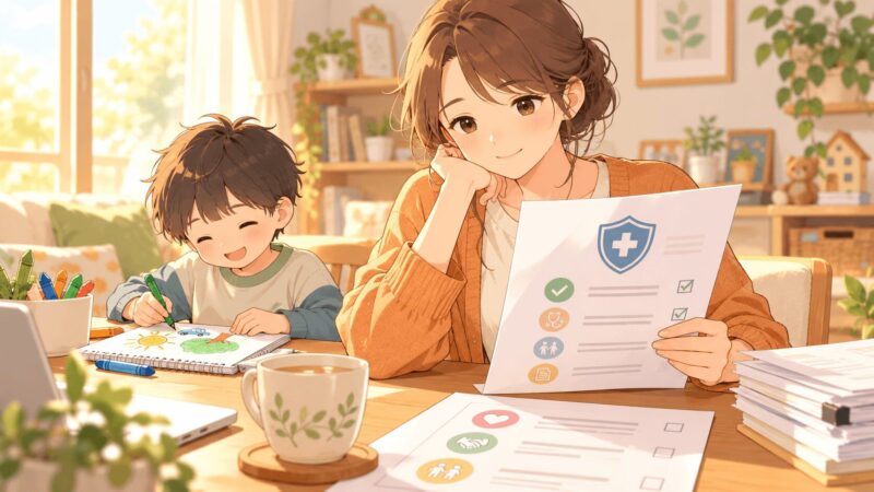 発達クリニックの通院歴と保険の告知について母親が書類を確認しているイラスト