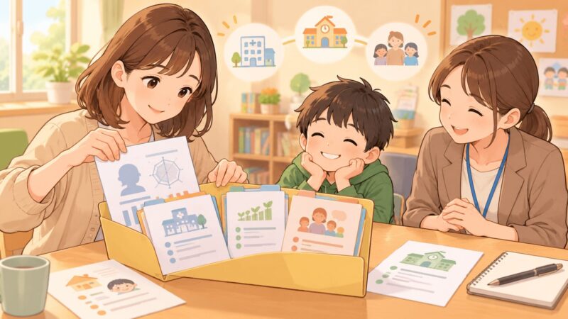 発達クリニックの診断結果や検査記録を学校や支援につなげるために整理している親子のイラスト