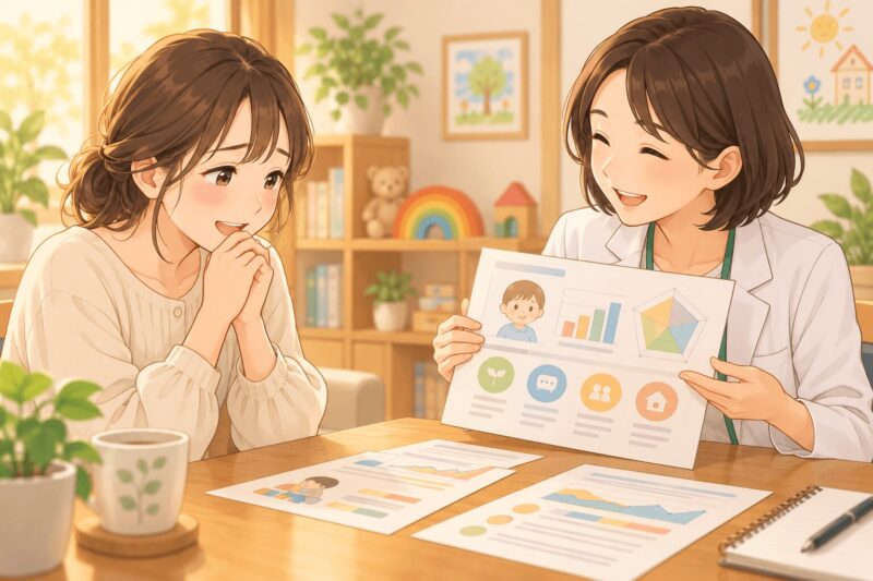 発達クリニックで検査結果や診断、今後の支援方針について説明を受けている母親のイラスト
