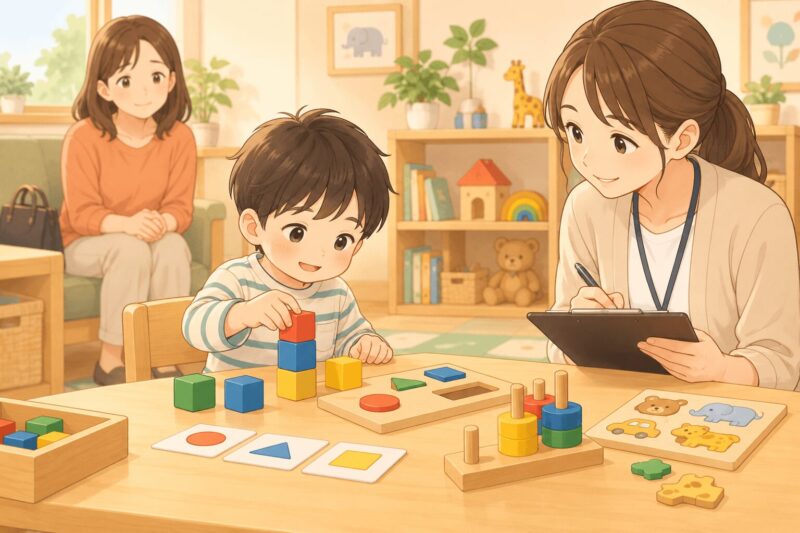 発達クリニックの2回目で子どもが積み木やパズルを使った発達検査を受けているイラスト