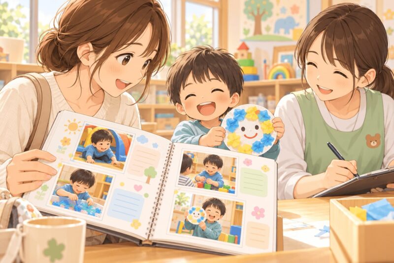 児童発達支援の連絡帳で子どもの活動内容を確認する母親のイラスト