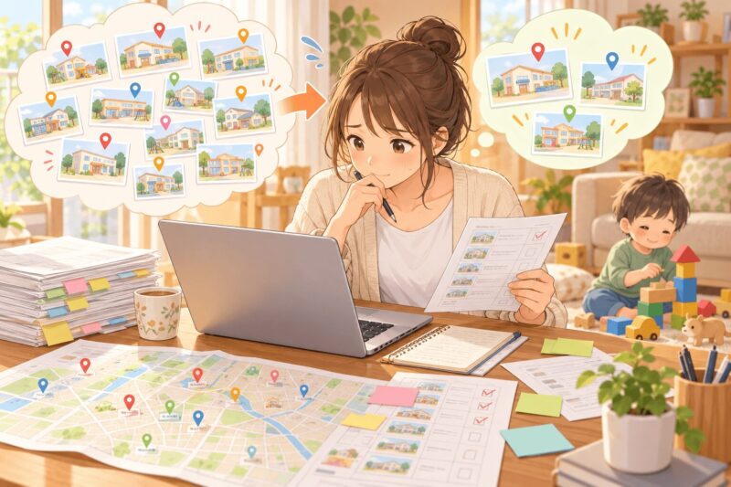 児童発達支援事業所を候補一覧から絞り込む母親のイラスト