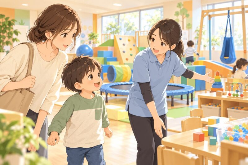 児童発達支援事業所を見学して子どもの反応を確認する親子のイラスト
