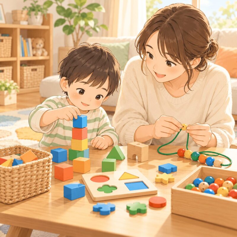 ブロックやパズルで手先の器用さと集中力を育てる親子のイラスト