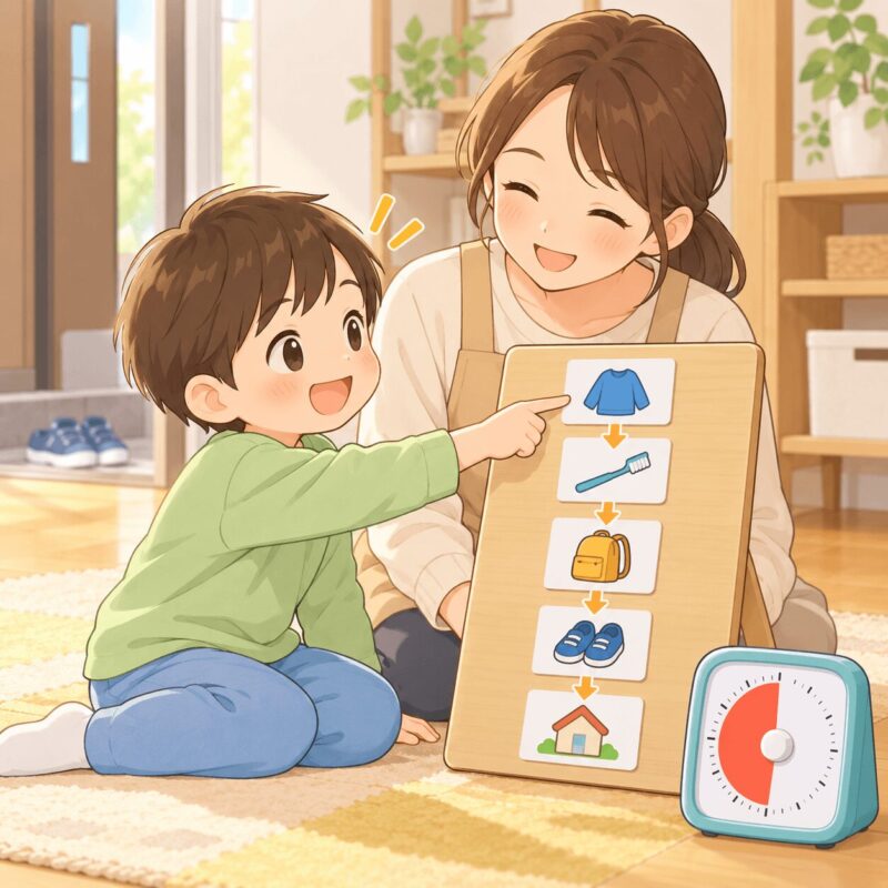 実行機能が弱い子どもに視覚支援カードとタイマーで朝の準備をサポートするイラスト