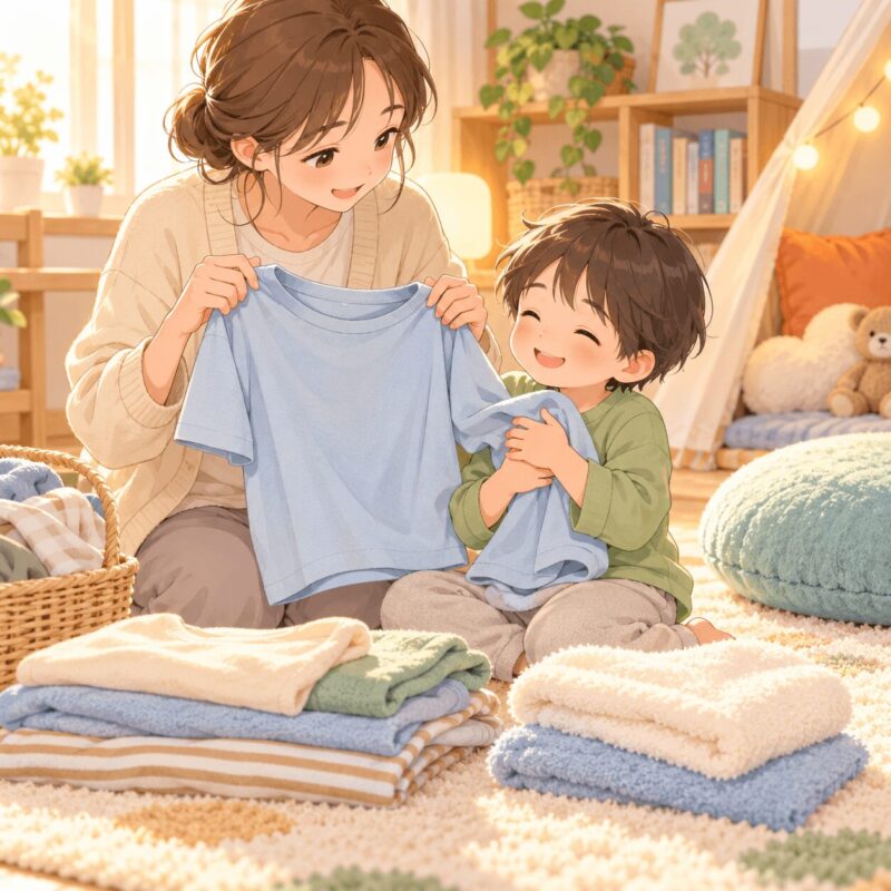 感覚過敏の子どもが肌ざわりのよい服を選ぶ家庭支援のイラスト