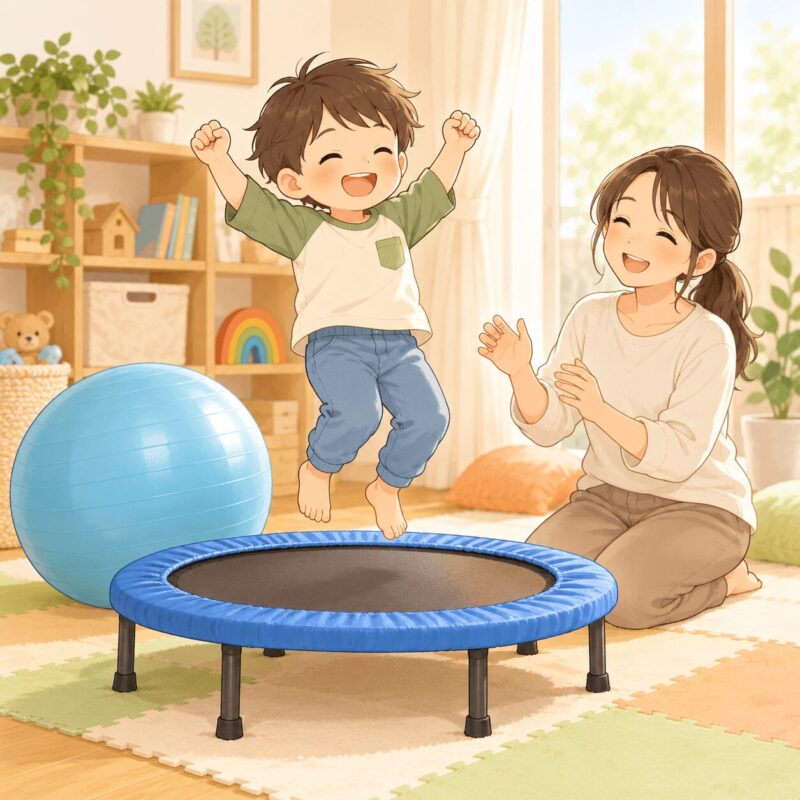 トランポリンとバランスボールで体幹を育てる子どもの室内遊びイラスト