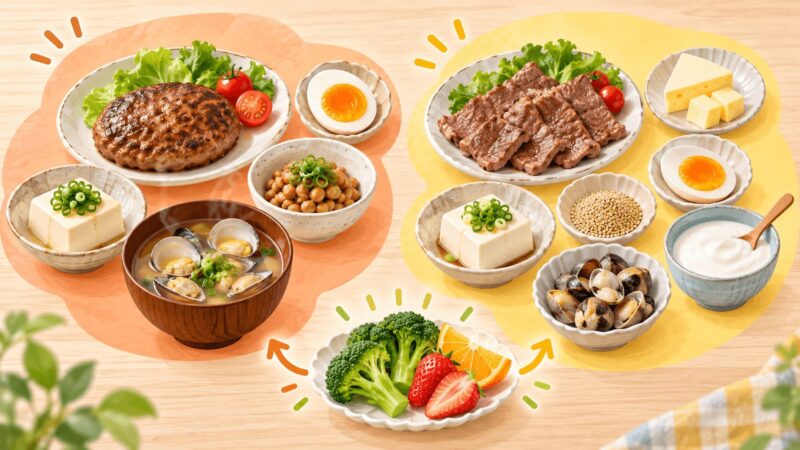 鉄と亜鉛を含む子ども向け食材を食卓に並べた図解イラスト