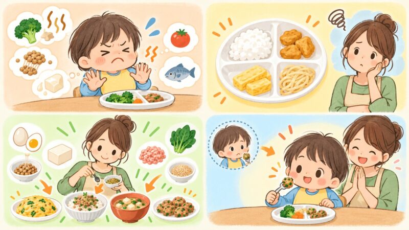 発達特性のある子どもの偏食と栄養サポートを4つの場面で示した図解イラスト