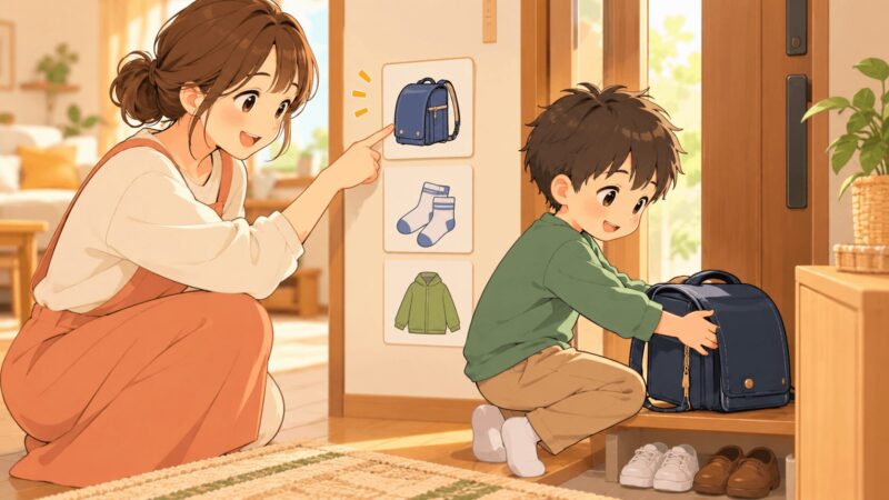 発達障害のある子どもに母親が短く具体的な声かけをして身支度を促しているイラスト