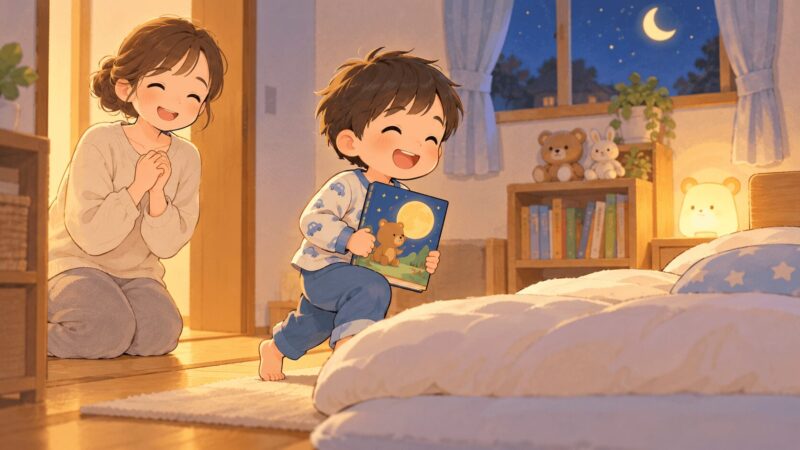 寝かしつけ絵本をきっかけに子どもが自分から布団へ向かうイラスト
