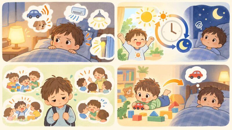 発達障害の子どもが夜眠れない理由を感覚過敏・体内時計・日中の刺激・切り替えの苦手さで整理した図解イラスト