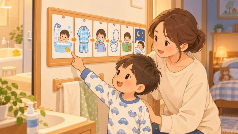 寝る前の流れを視覚スケジュールで確認する親子のイラスト