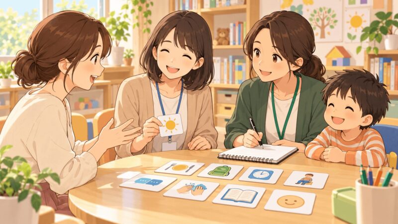 発達障害のある子どもの支援について母親が先生や療育スタッフと情報共有しているイラスト