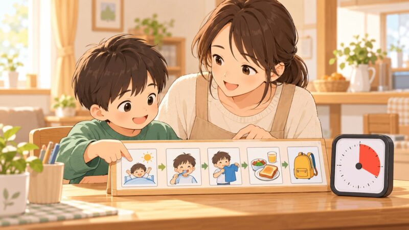 発達障害のある子どもがスケジュールカードとタイマーで見通しを持って安心しているイラスト