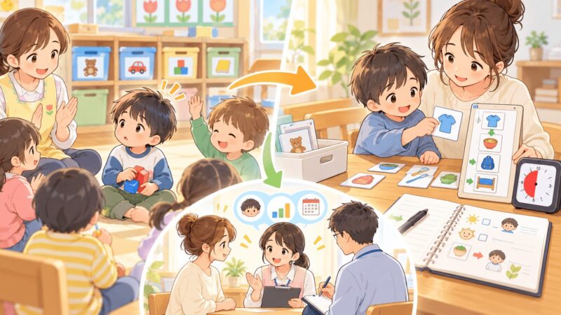 幼稚園で見えた発達の困りごとを家庭の視覚支援や相談につなげるイラスト