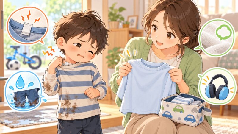 洋服のタグや汚れを嫌がる感覚過敏の子どもにやさしい服を用意する母親のイラスト