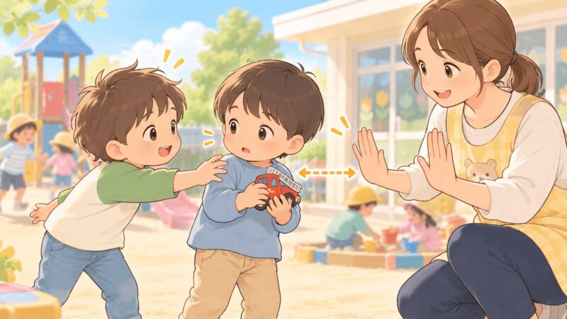 友達との距離感や力加減が難しい4歳の子どもを先生がやさしく支援するイラスト