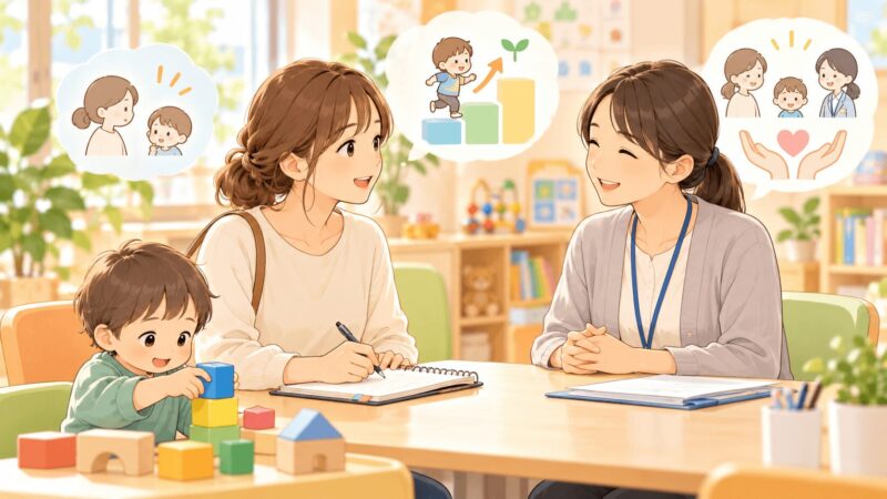 子どもの発達の気になるサインを相談窓口で話す親子のイラスト