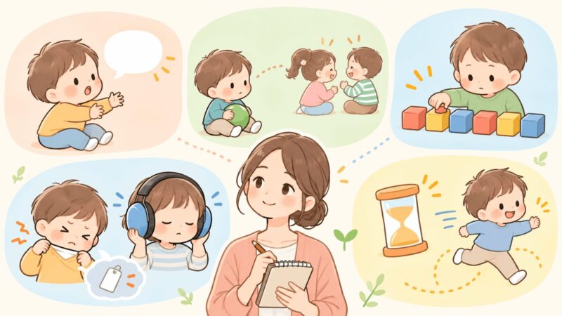 言葉の遅れ・感覚過敏・こだわり・注意力など幼児期の発達障害のサインをまとめたイラスト