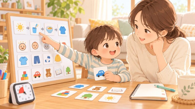 家庭で視覚支援カードを使って子どもの発達をサポートする親子のイラスト