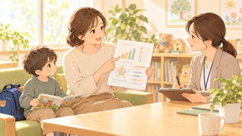 発達検査結果を見せながら子どもに必要な支援を就学相談で説明している母親のイラスト
