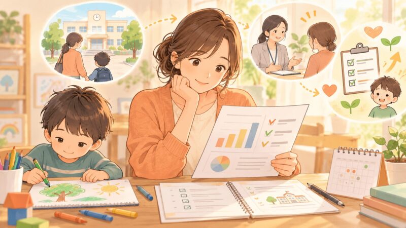 発達検査結果や学校見学、就学相談の内容をもとに就学先を考えている母親のイラスト