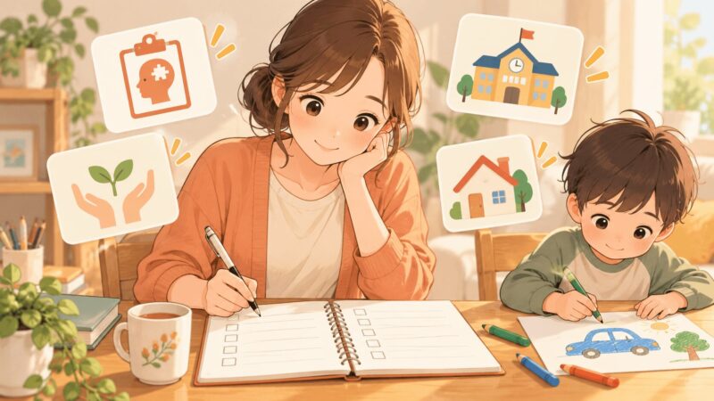 発達クリニックで診断名や支援方針を聞く前に母親が質問リストを準備しているイラスト