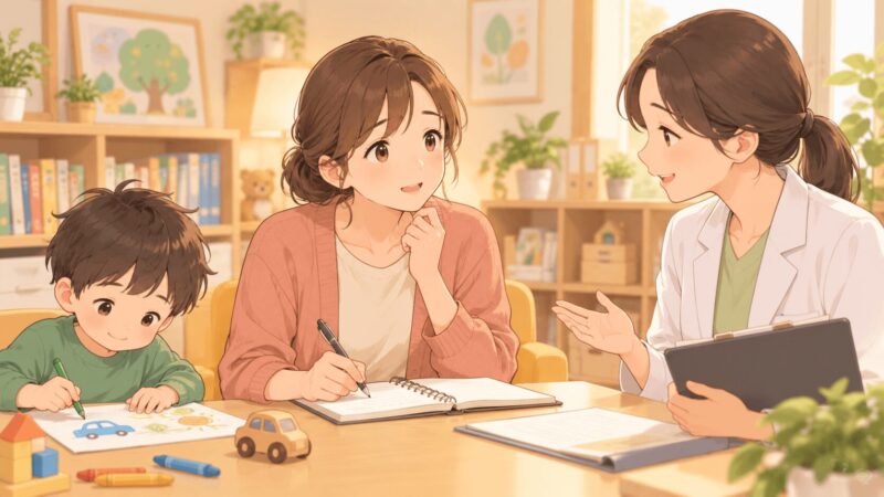発達クリニックで診断結果の説明を聞きながら母親が不安を感じつつメモを取っているイラスト