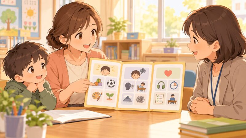 診断名だけでなく子どもの得意なことや困りごとを学校の先生に共有しているイラスト