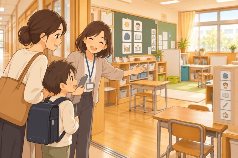 小学校見学で親子が支援級の教室や視覚支援のある環境を先生に案内されているイラスト