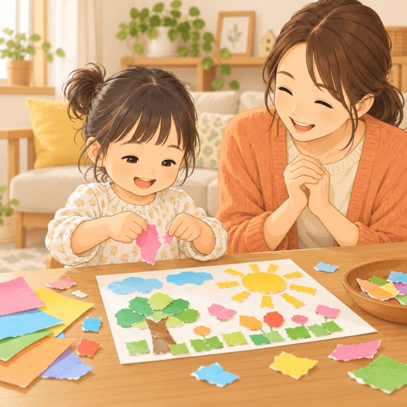 色紙をちぎってちぎり絵を作る子どもと見守る母親のイラスト