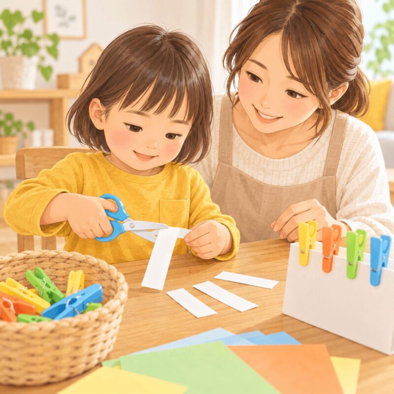 子ども用はさみや洗濯ばさみで指先を使う練習をする子どものイラスト