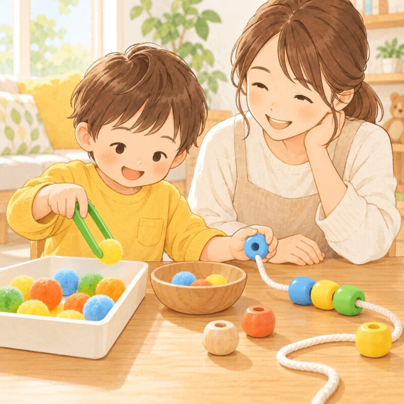 トングで小さな素材をつかみ紐通しに取り組む子どもの指先トレーニングのイラスト