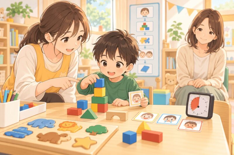児童発達支援の短時間型で積み木や感情カードに取り組む子どものイラスト
