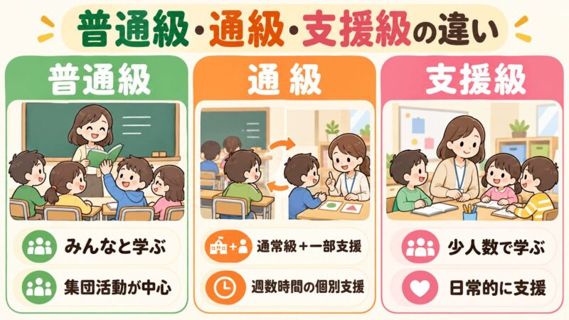 普通級・通級・支援級の違いを簡単に比較した図解