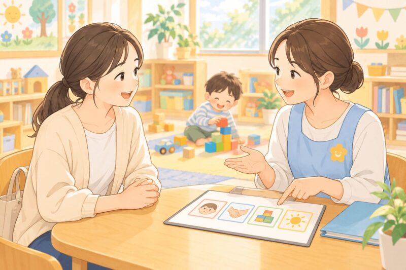 発達障害の子どもの集団生活を家庭と園や学校が連携して支えるイラスト