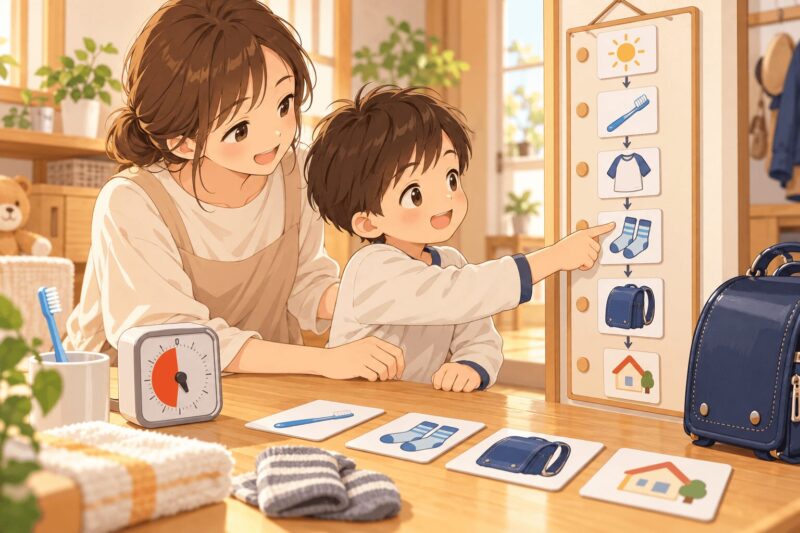 発達検査の結果をもとに家庭で絵カードや支度表を使って支援する親子のイラスト
