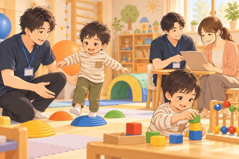 発達検査の結果をもとに療育で運動や手先の支援を見直す親子のイラスト