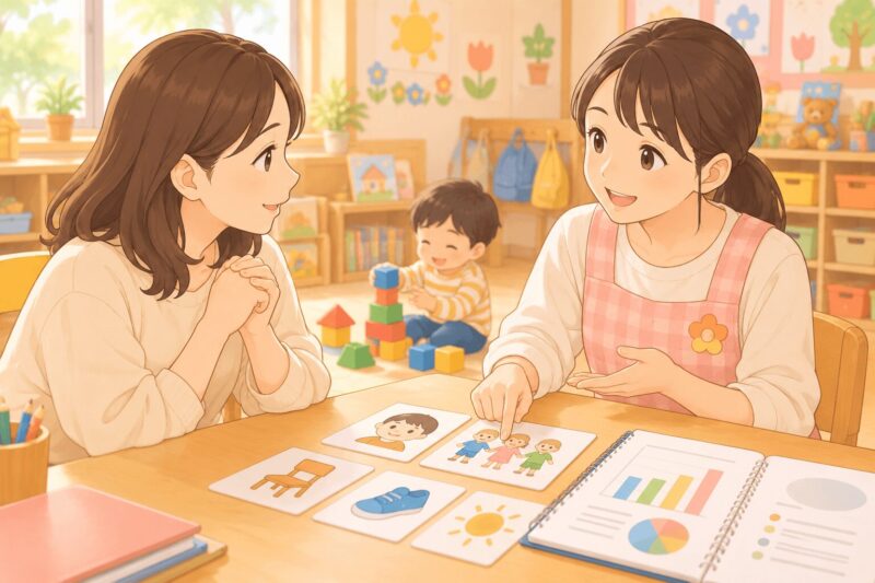 発達検査の結果を幼稚園の先生と共有し子どもに合った支援を相談するイラスト