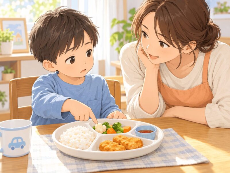 仕切り皿の野菜を指さして苦手な食感を伝える男の子