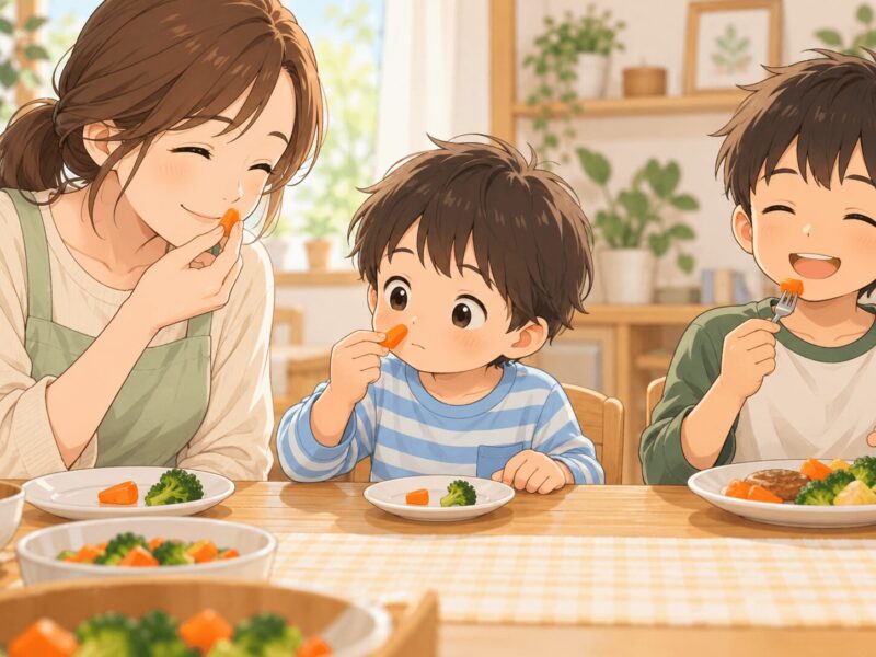 苦手な野菜のにおいを確かめる男の子と見守る家族