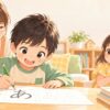 無料ひらがな練習プリントを使って文字を書く男の子と見守る母親